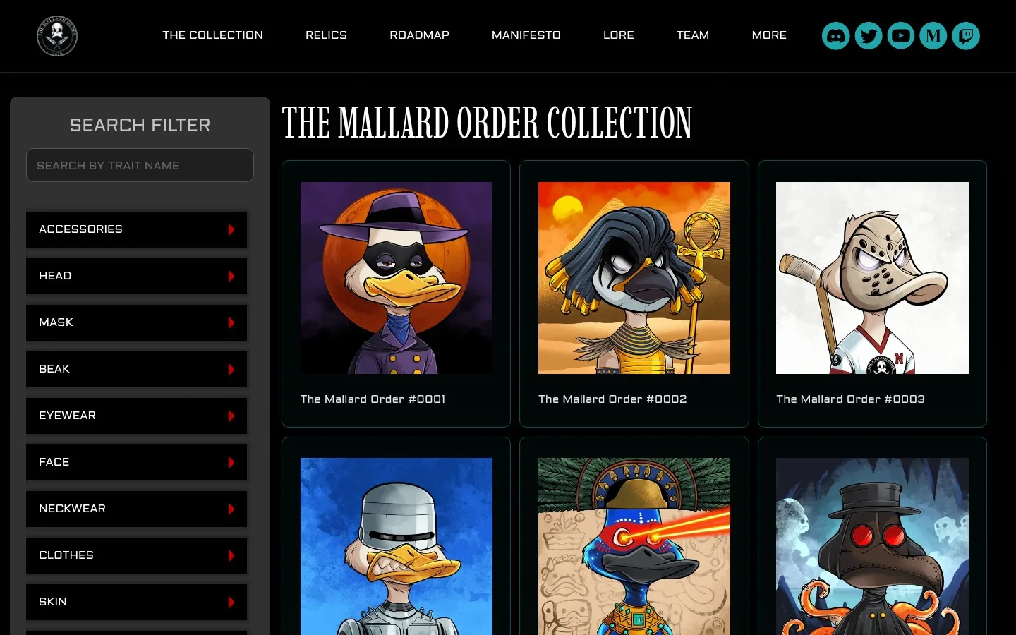 The Mallard Order NFT Collection gallery — character browser with trait filters